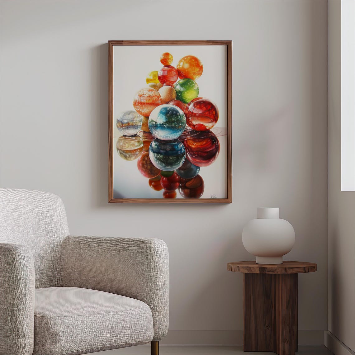 Glass Marble Pyramid Stack White Background Reflective Art Poster - Image 2