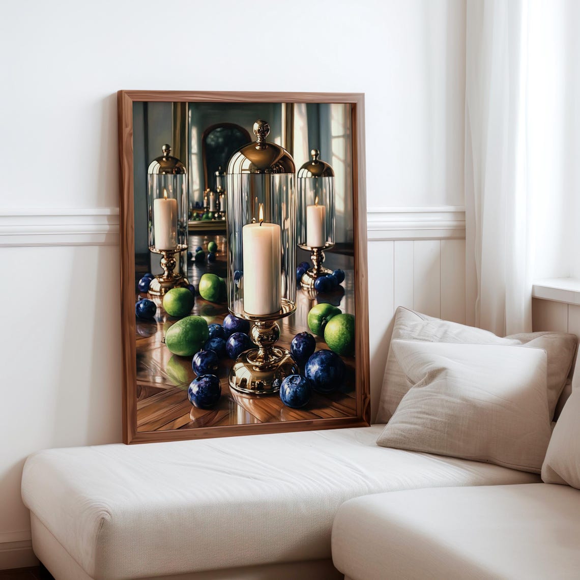 Hurricane Lamp Candles with Plums and Figs Still Life Poster