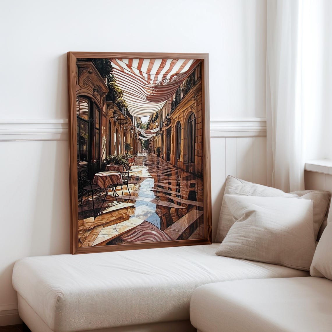Paris Street Striped Awnings Cafe Table Wet Cobblestone Art Poster
