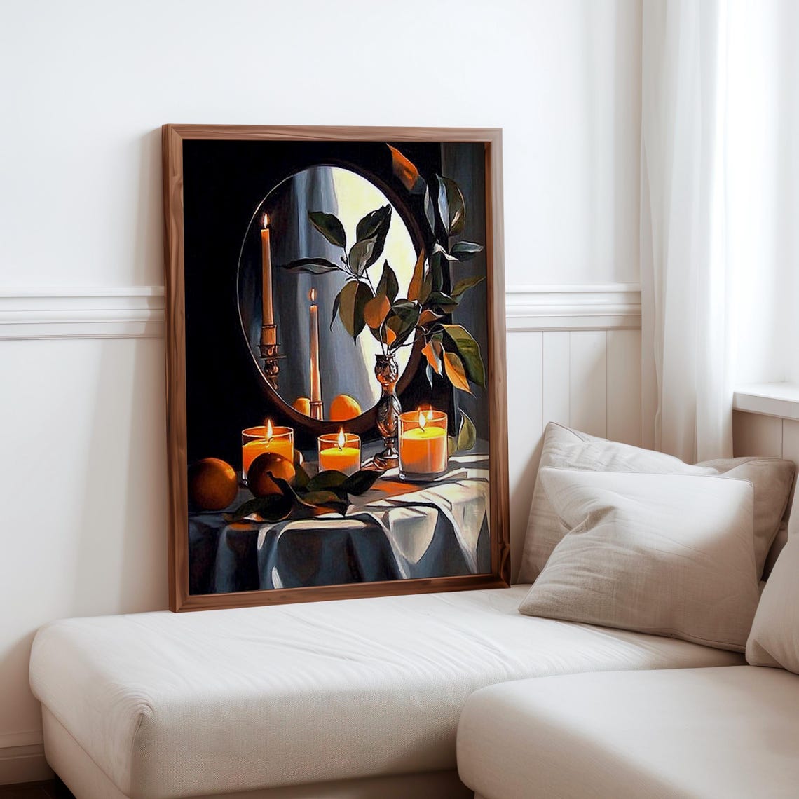 Candlelit Oval Mirror with Oranges Night Still Life Poster Art