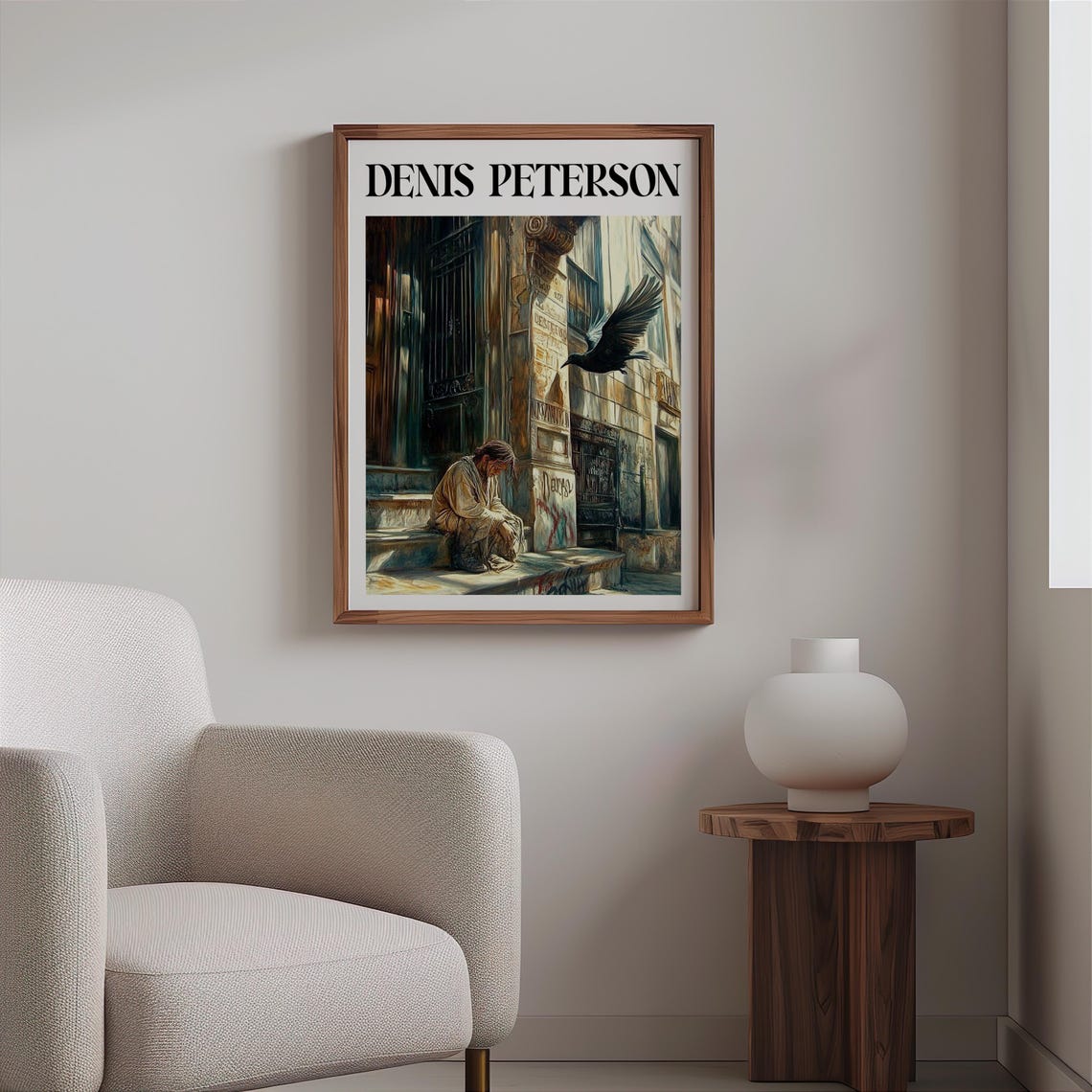 Denis Peterson Man Sitting Stone Stoop Flying Bird Painting Art Poster - Image 2