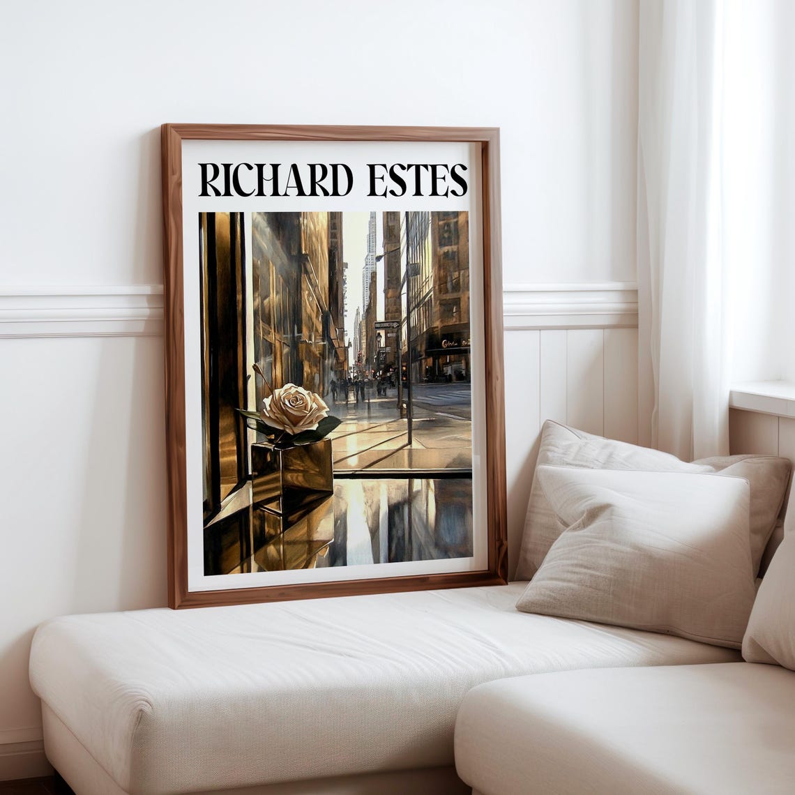 Richard Estes Inspired White Rose City Street Reflection Print