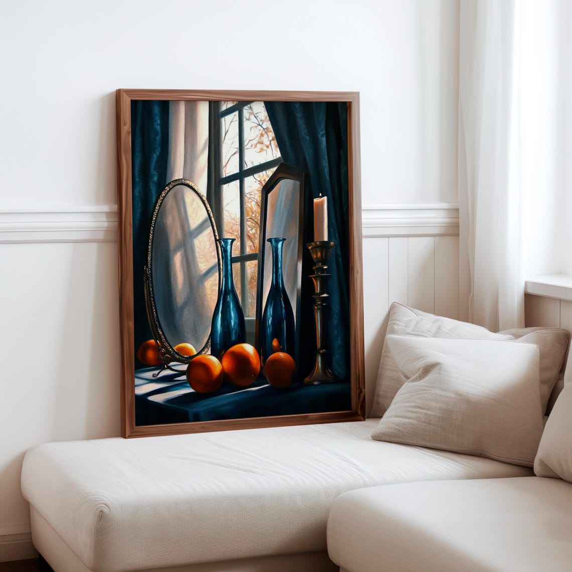 Audrey Flack Inspired Blue Bottles Oranges Candle Still Life Art Print