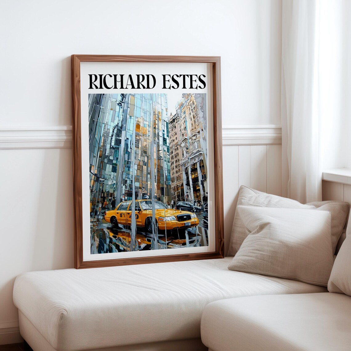 Richard Estes Yellow Taxi Wet Street Glass Reflections City Poster