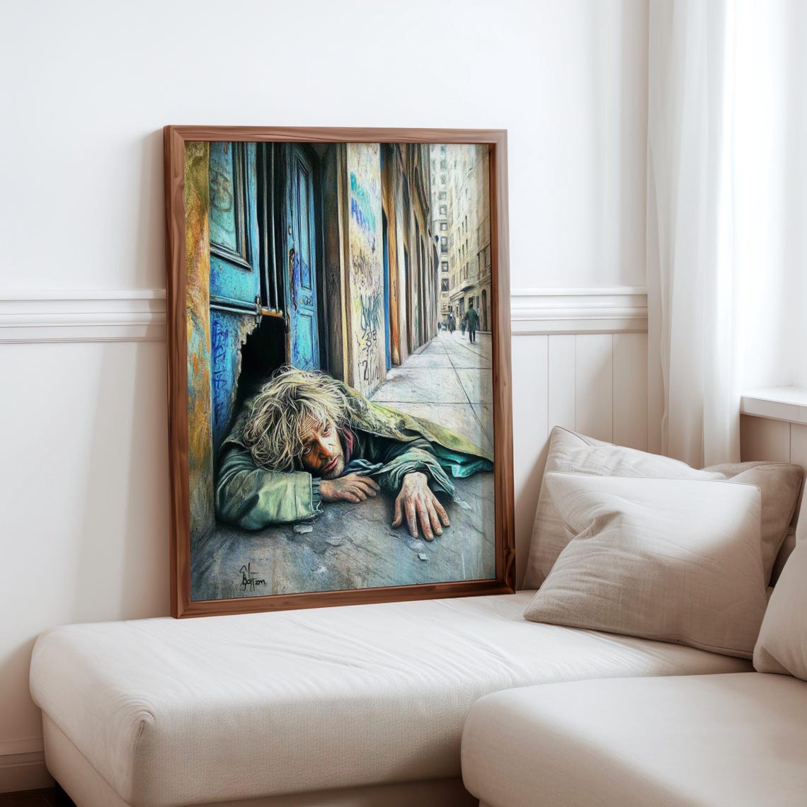 Disheveled Man Lying Teal Doorway Reaching Out Painted Art Poster
