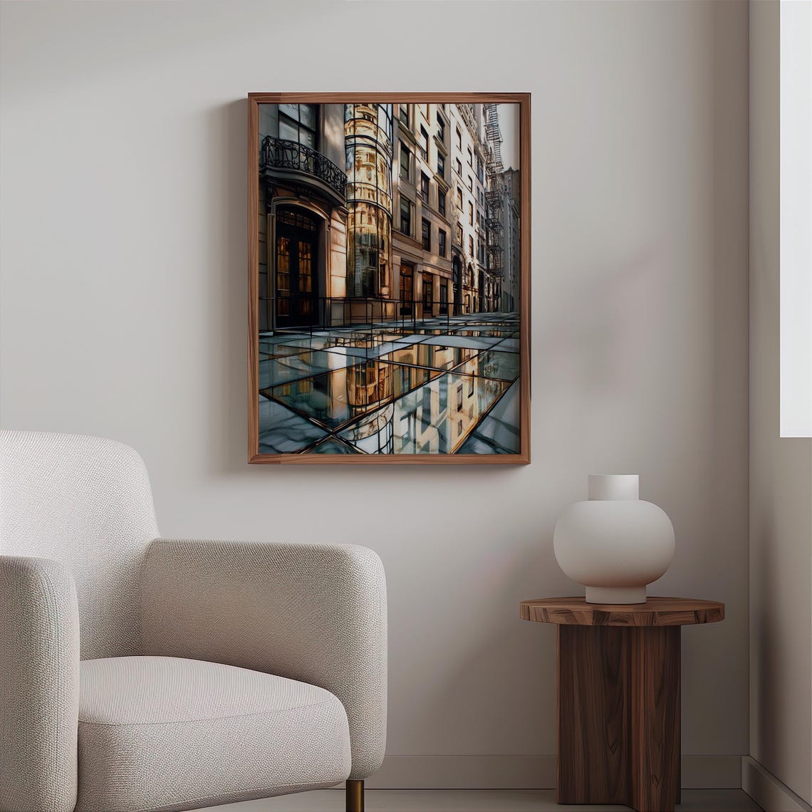 Photorealistic Old Street Balconies Mirrored In Rain Puddle Poster - Image 2