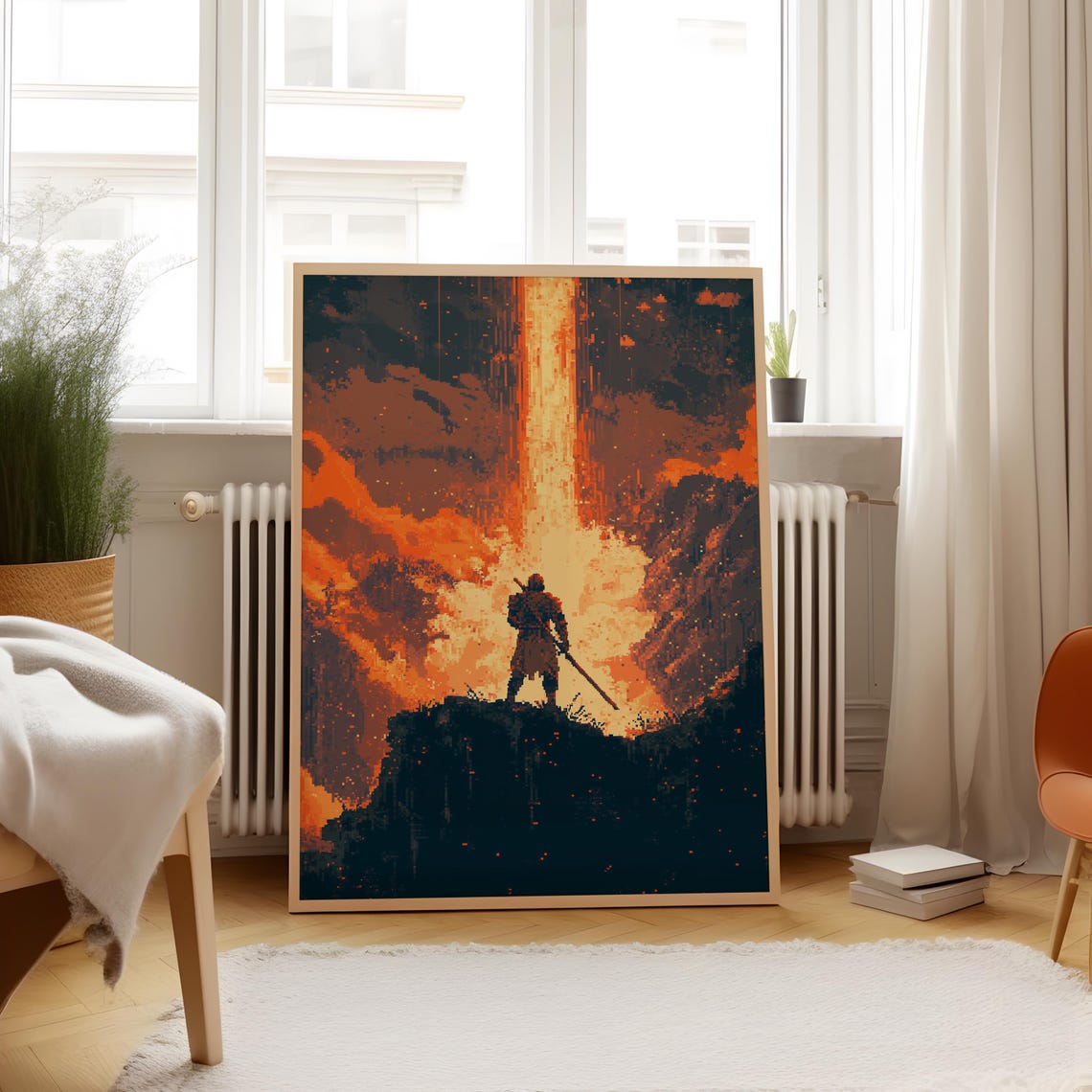 Apocalyptic Warrior Pixel Art Poster Fire Waterfall Cliff Scene Epic Fantasy Wall Art Pixel Artwork For Home Decor - Image 2
