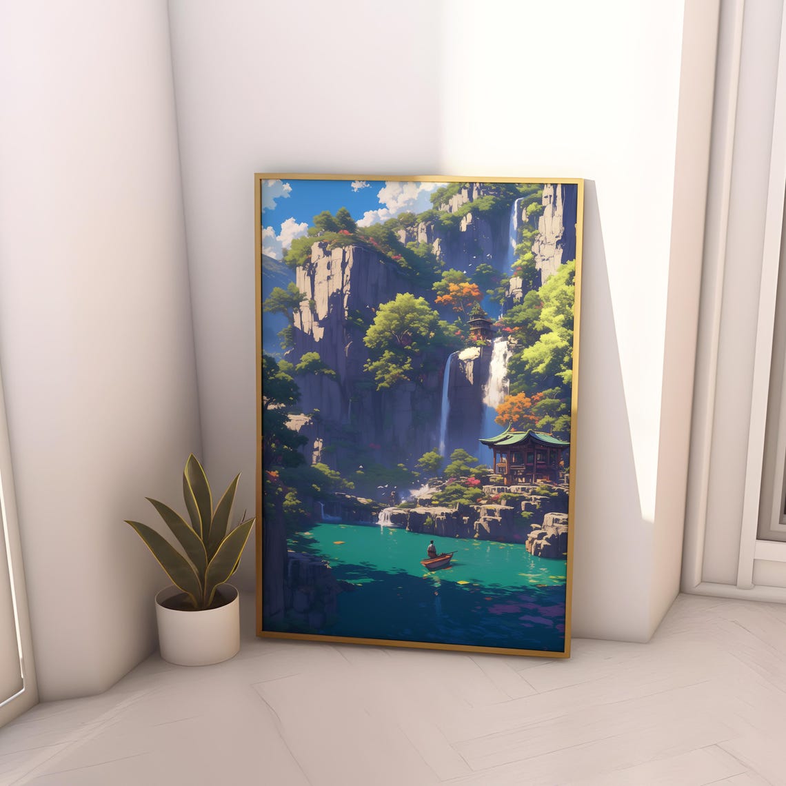 Anime Cliffside Waterfall Pavilion Turquoise Lake Boat Poster - Image 4