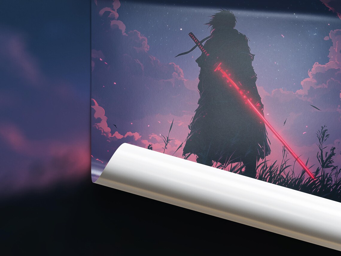 Fantasy Samurai Warrior Glowing Red Sword Starry Night Silhouette Poster - Image 3