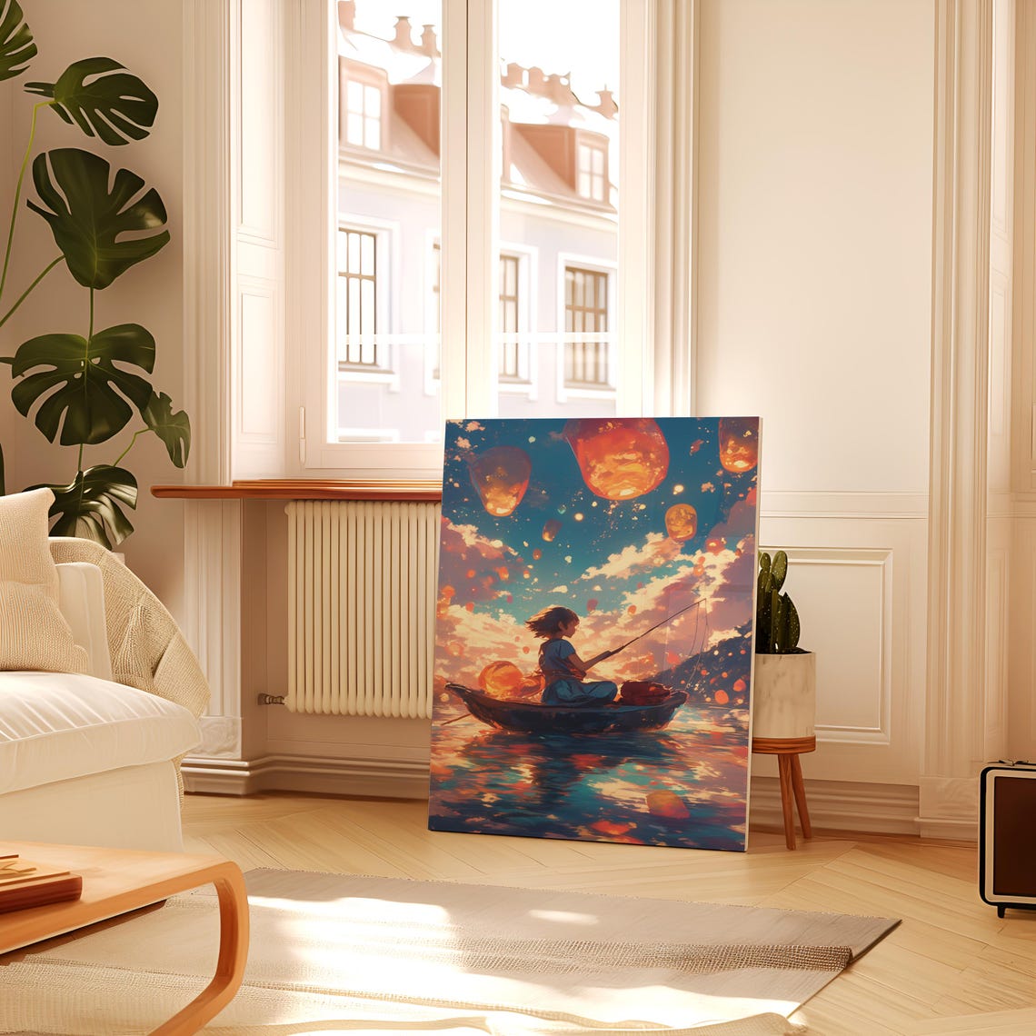 Anime Boy Fishing Sunset Boat Floating Sky Lanterns Magic Poster - Image 2