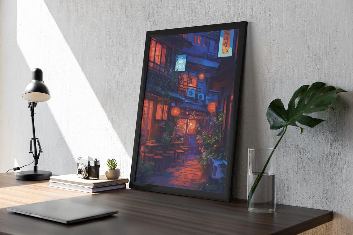 Cozy Japanese Alley Cafe at Night With Lanterns Anime Poster - Image 2