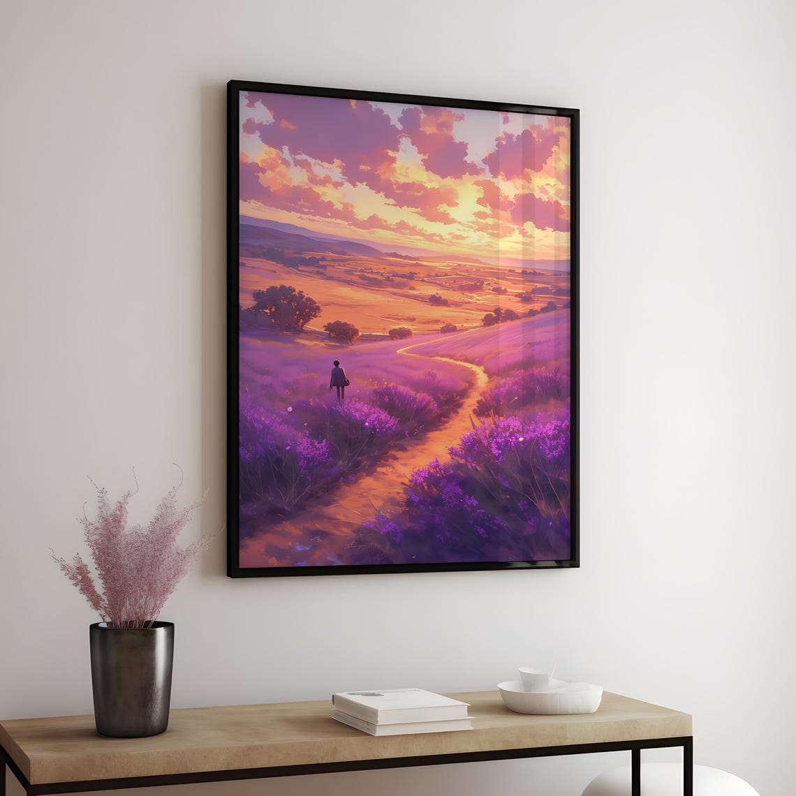 Anime Sunset Lavender Field Wanderer Tranquil Purple Sky Poster - Image 3