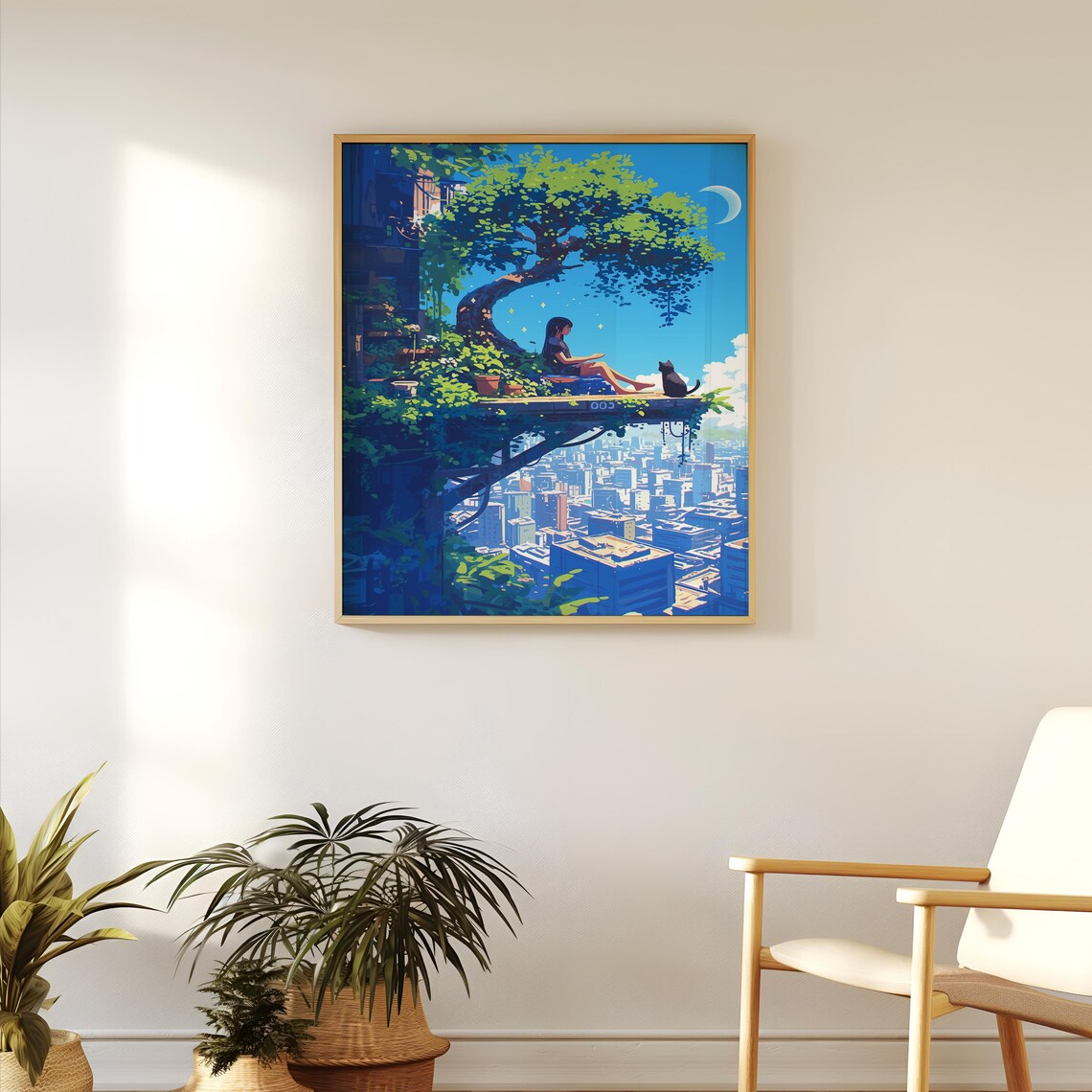 Anime Girl Cat Rooftop Garden City Skyline Crescent Moon Art Poster - Image 2