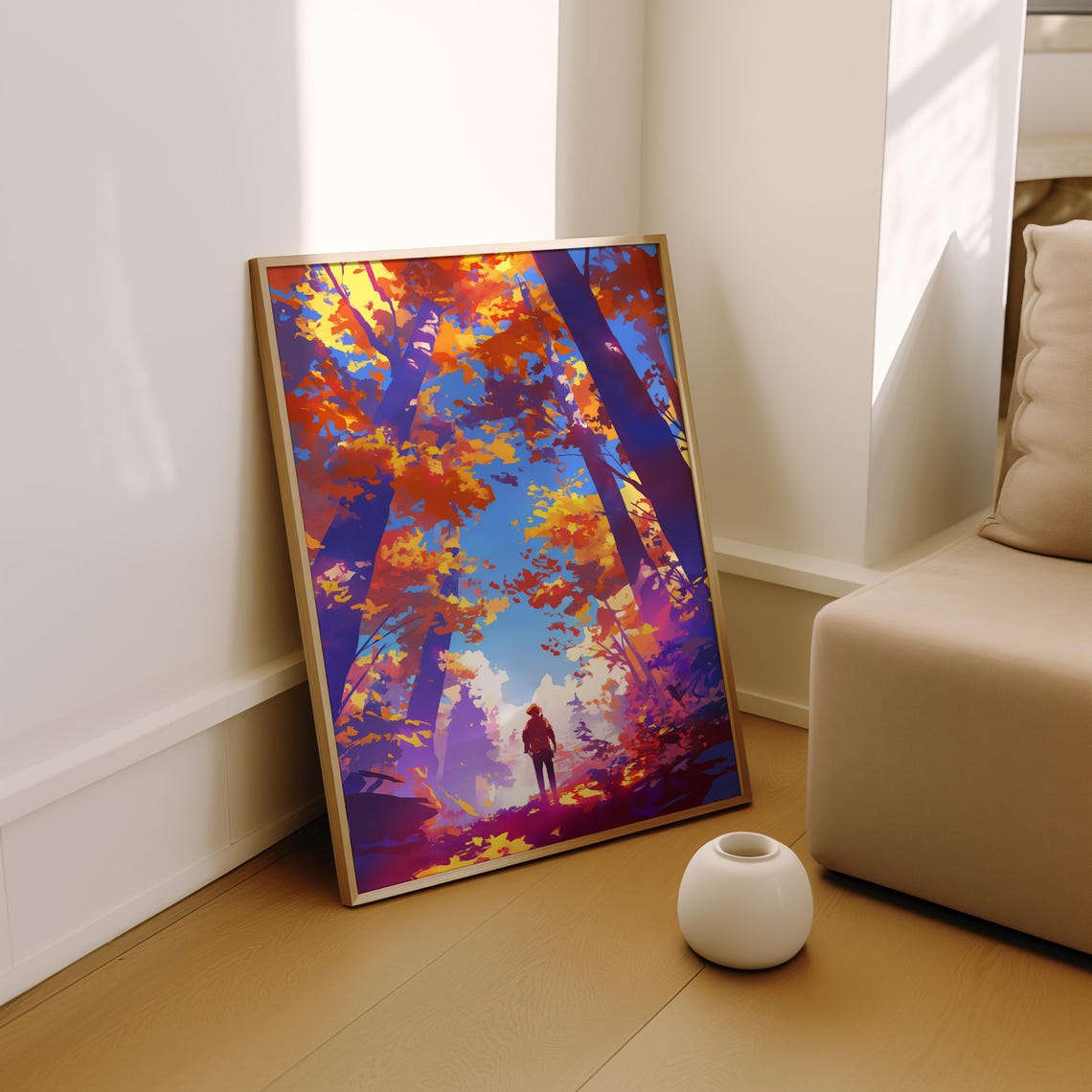 Lone Traveler in Vibrant Autumn Forest Clearing Anime Poster - Image 3
