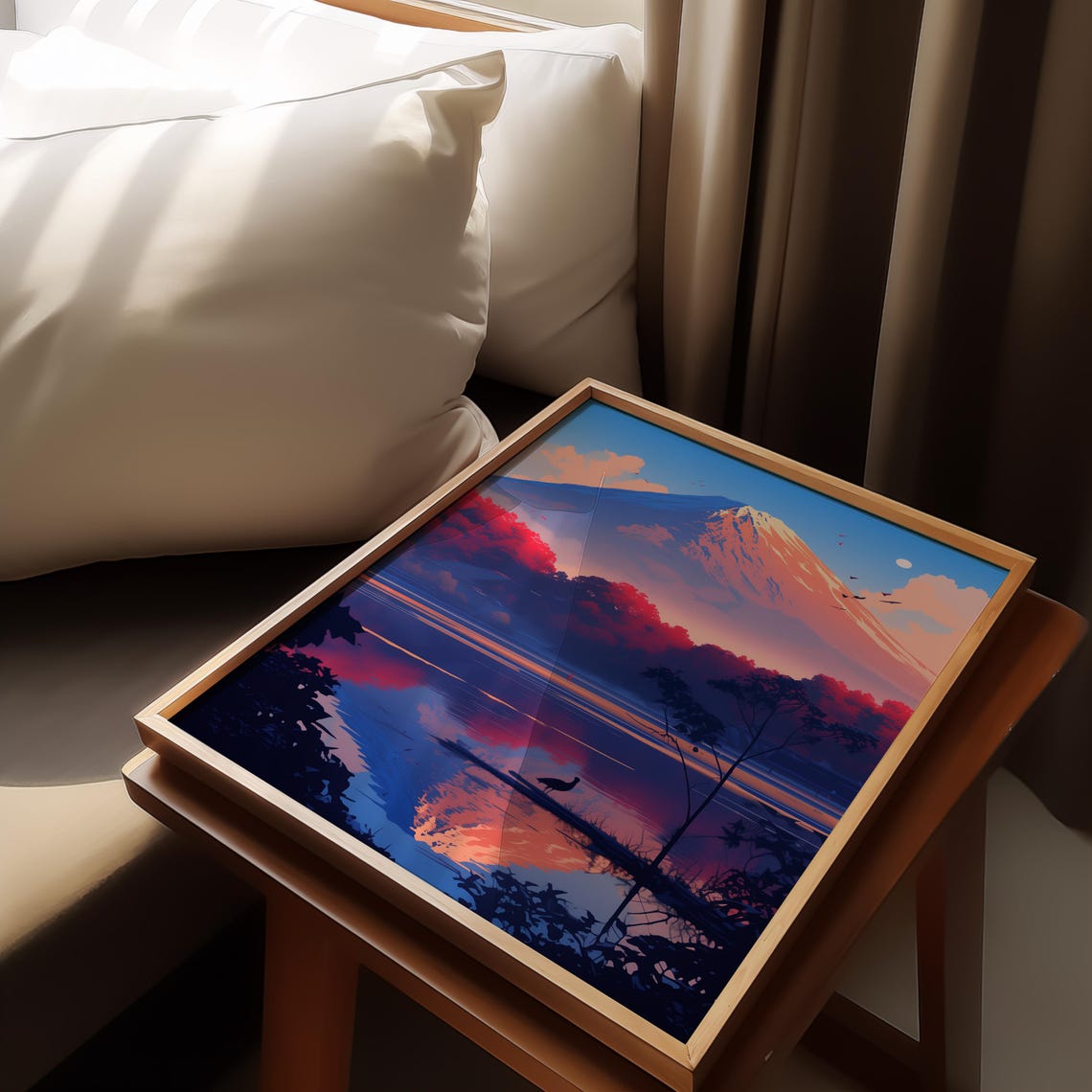 Mount Fuji Sunrise Reflection Over Mirror Lake Anime View Poster - Image 2