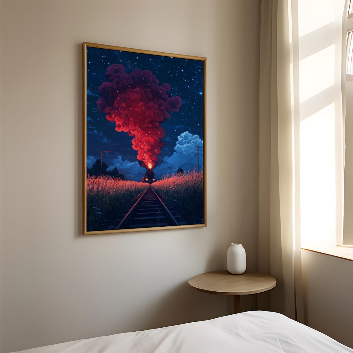 Steam Locomotive Night Starry Sky Red Smoke Clouds Train Poster - Image 2
