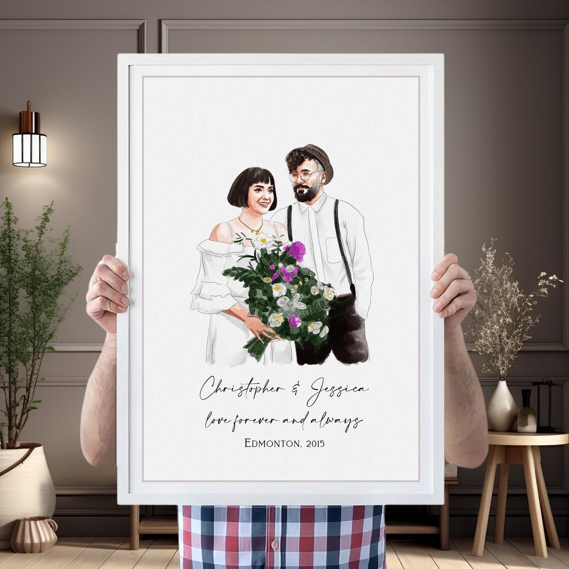 Hand Painted Watercolor Couple Portrait Anniversary Keepsake Poster
