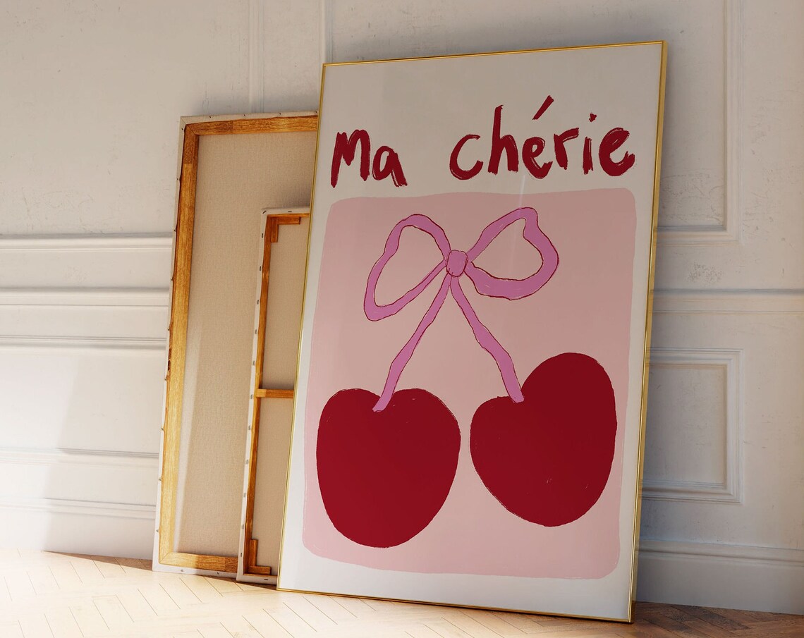 Ma Cherie Red Cherries Pink Bow Preppy Hand Drawn Kitchen Poster
