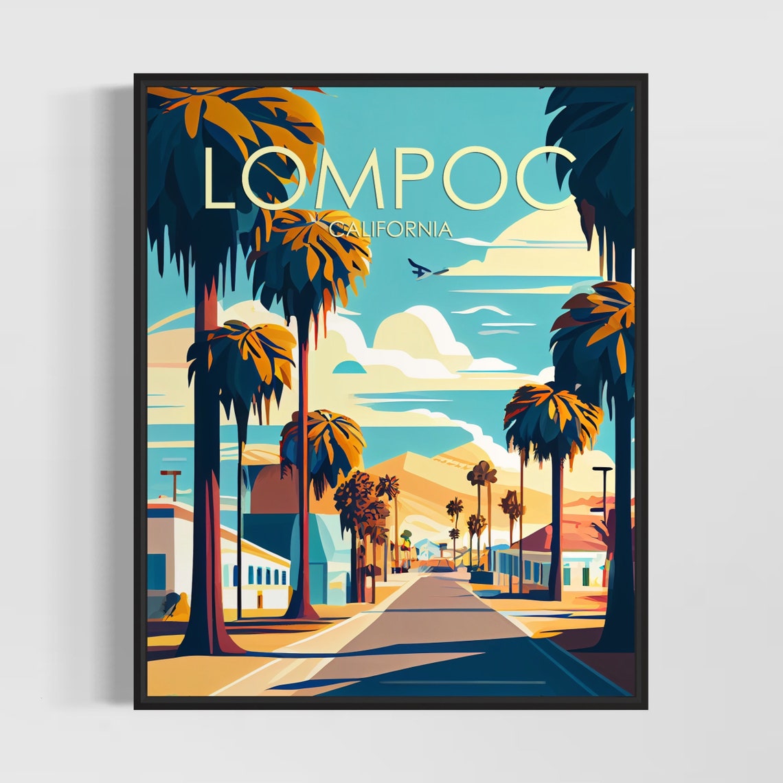Lompoc California Palm Lined Street Golden Sunset Art Poster