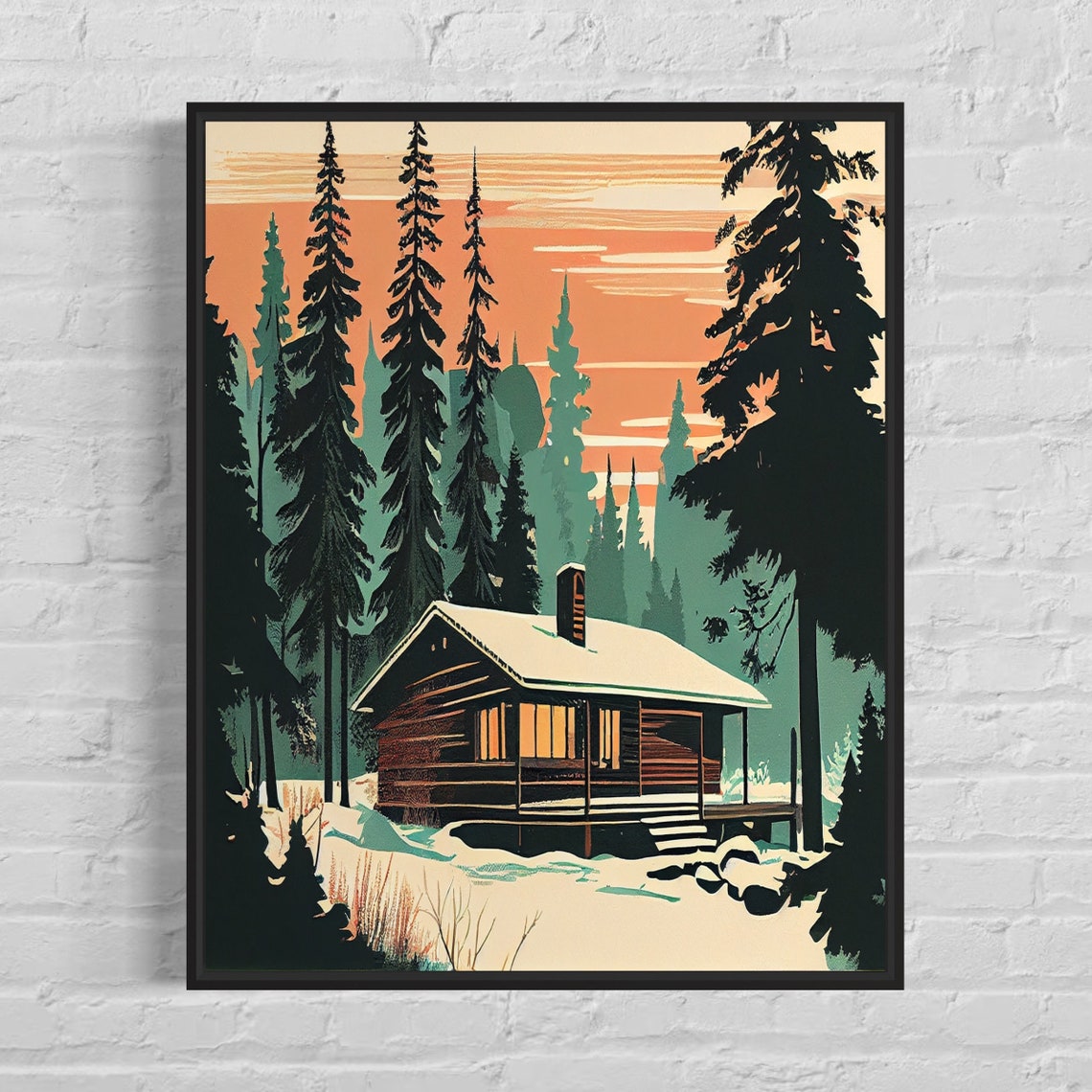 Cozy Snowy Cabin Glowing in Pine Forest Winter Sunset Art Poster