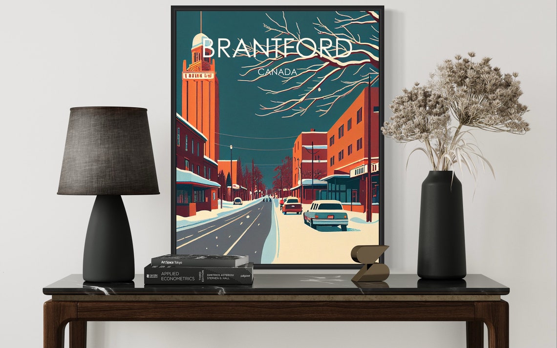 Brantford Canada Retro Snowy Winter Street Evening Glow Poster - Image 3