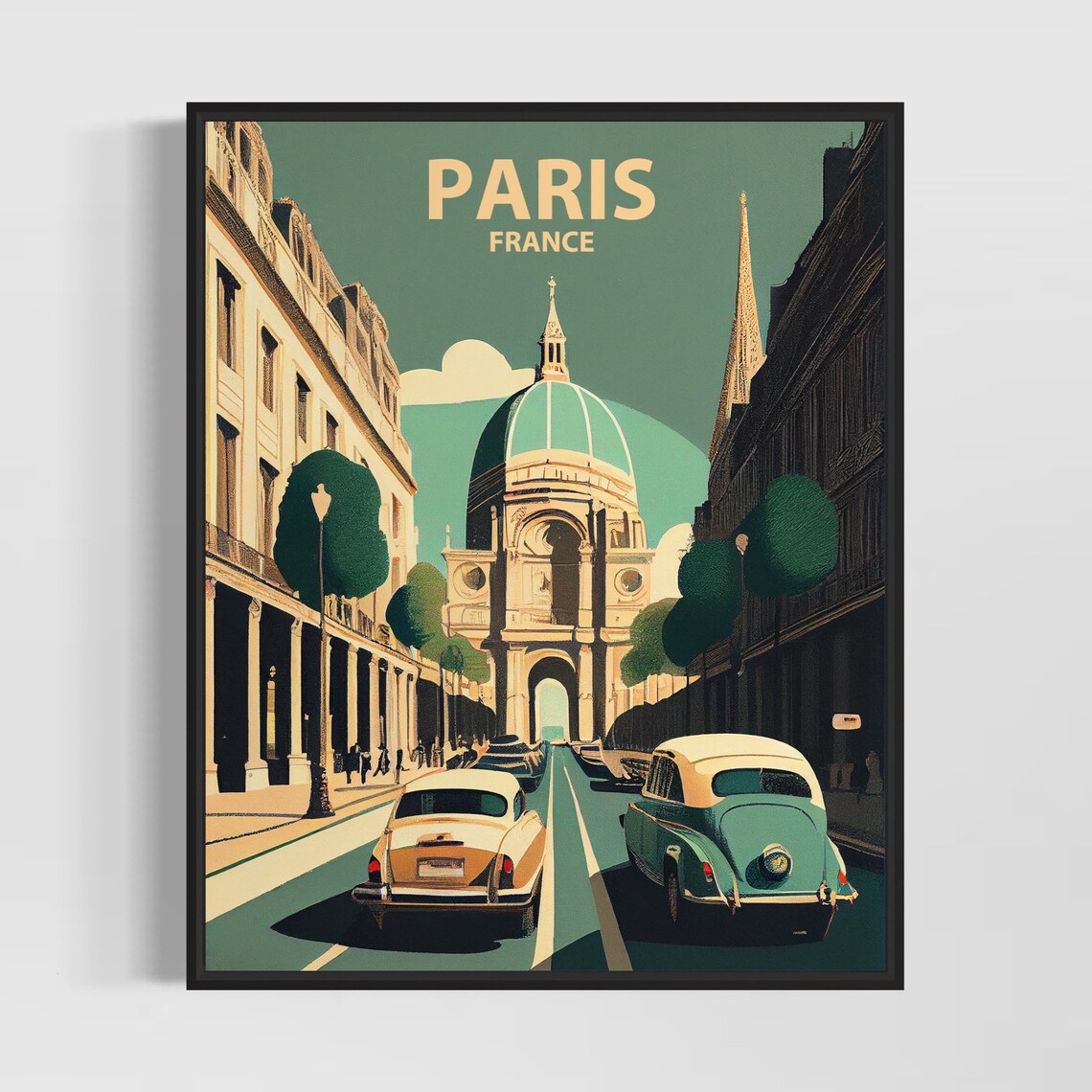 Paris France Vintage Cars Domed Monument Street Romantic Travel Poster