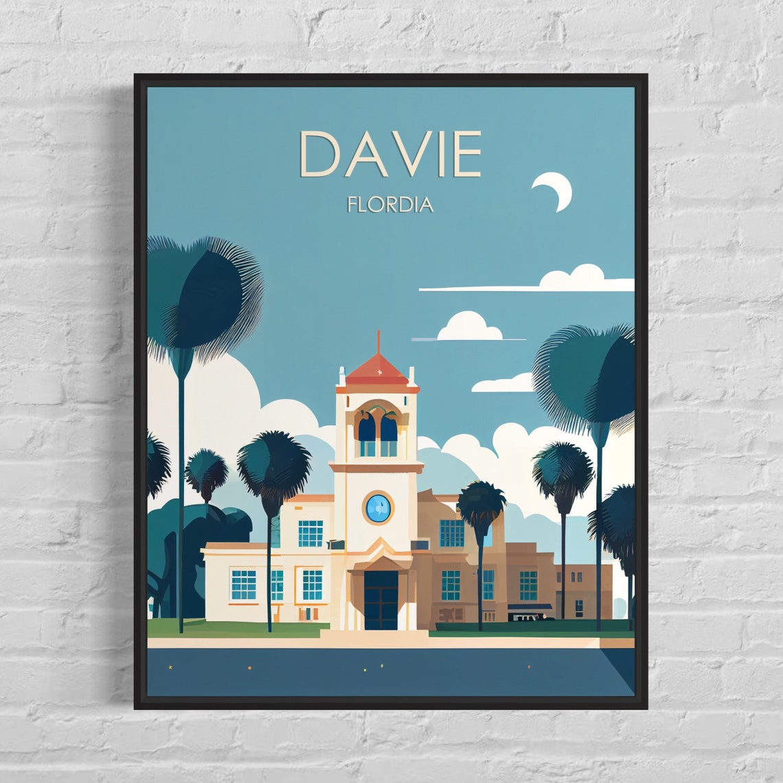 Davie Florida Spanish Clock Tower Palm Tree Retro Travel Poster