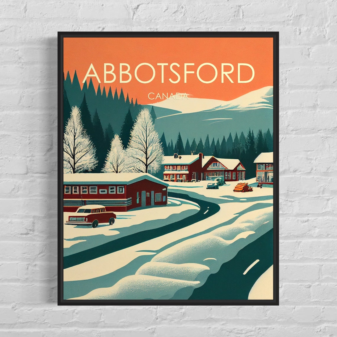 Abbotsford Canada Snowy Village Winter Sunset Retro Scenic Poster