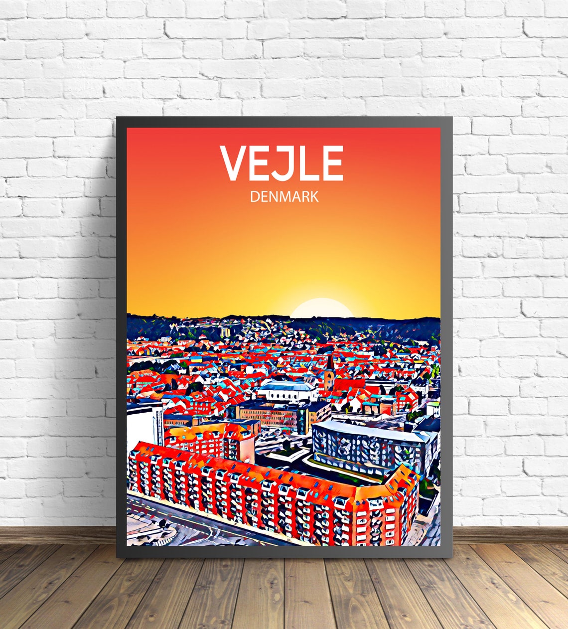 Vejle Denmark Sunset Cityscape Vibrant Colorful Travel Poster