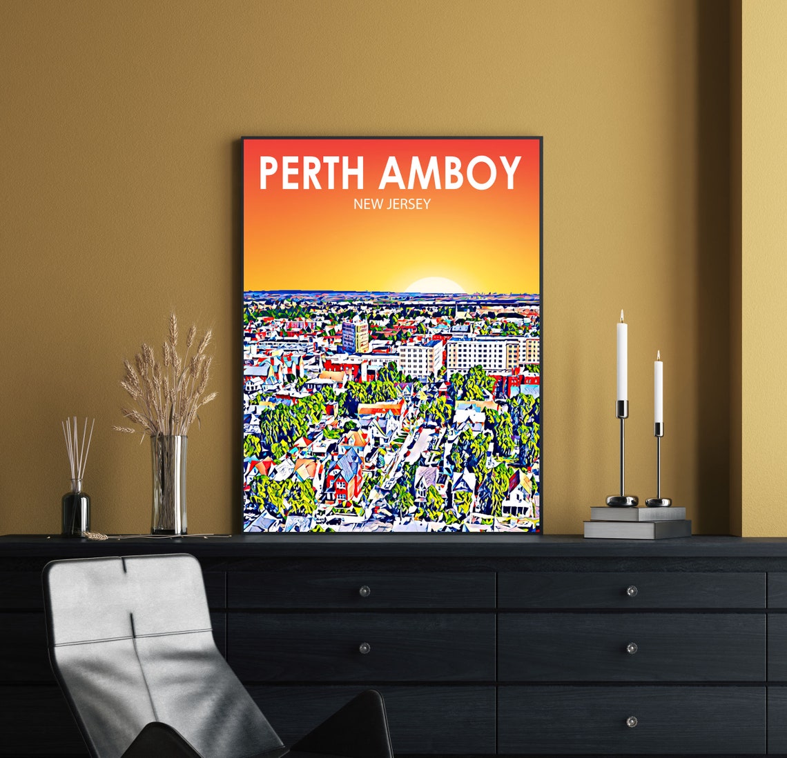 Perth Amboy New Jersey Sunset Aerial Cityscape Glow Art Poster - Image 2