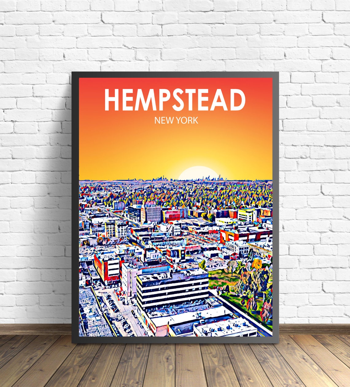 Hempstead New York Aerial Sunset Town Colorful Skyline Poster