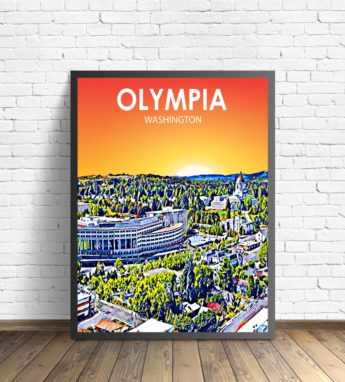 Olympia Washington Sunset Aerial Capitol Dome Skyline Art Poster