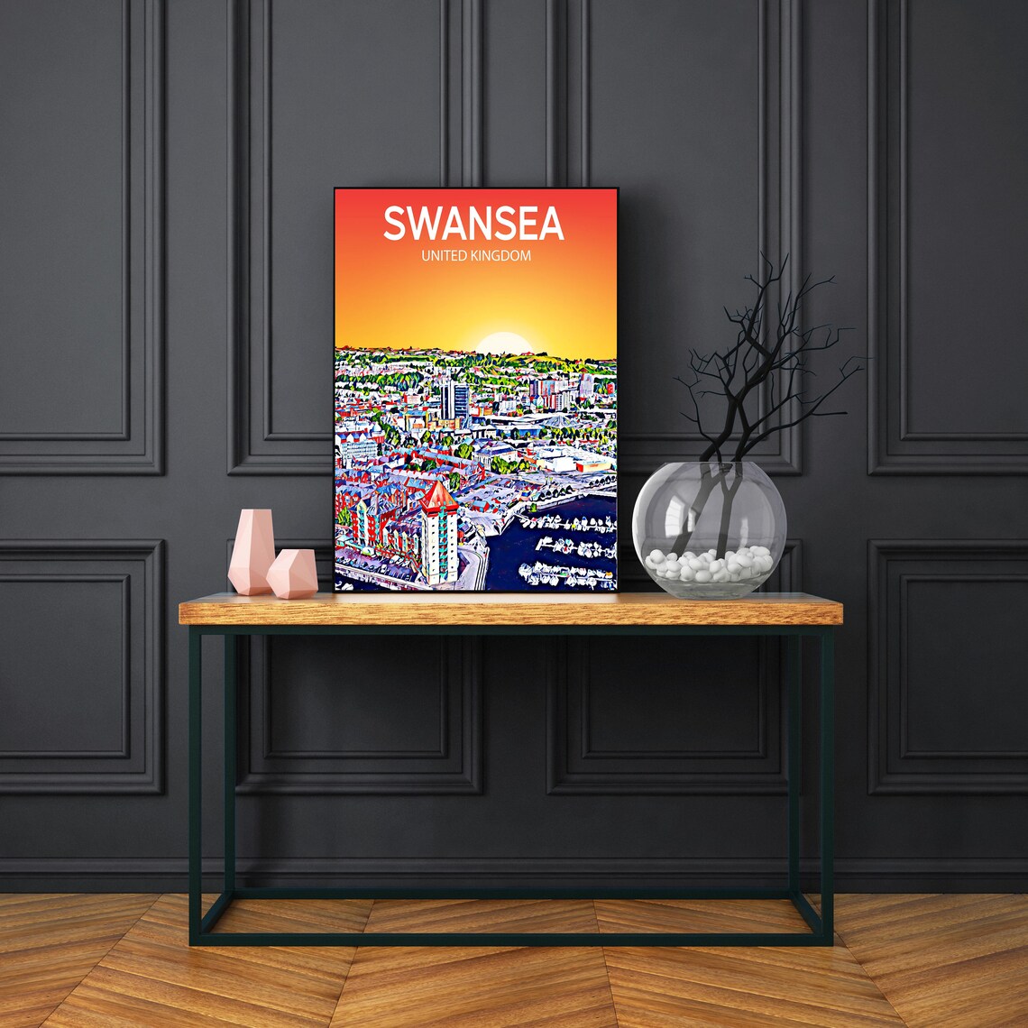 Swansea Uk Art Poster Sunset Night Poster Art Print Swansea City Framed Modern Wall Art Colorful Skyline Photo - Image 3
