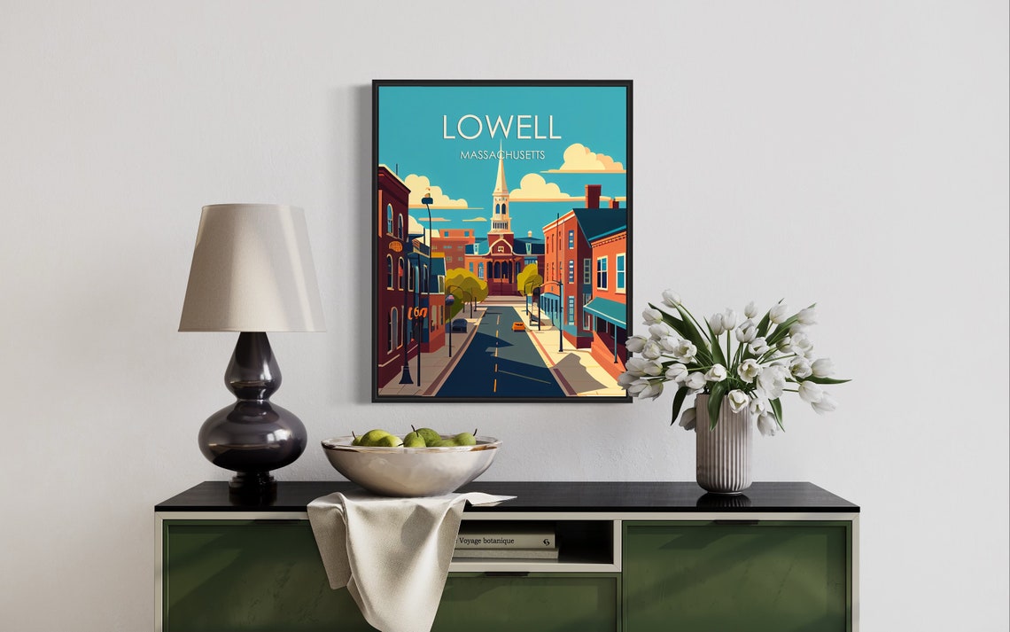 Lowell Massachusetts Downtown Church Retro Street Travel Poster - Image 3