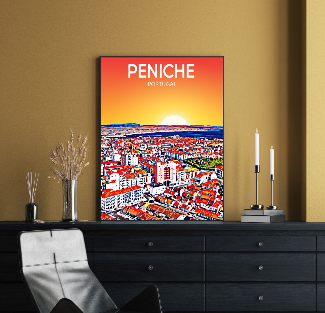 Peniche Portugal Red Rooftops Coastal Sunset Cityscape Art Poster - Image 2