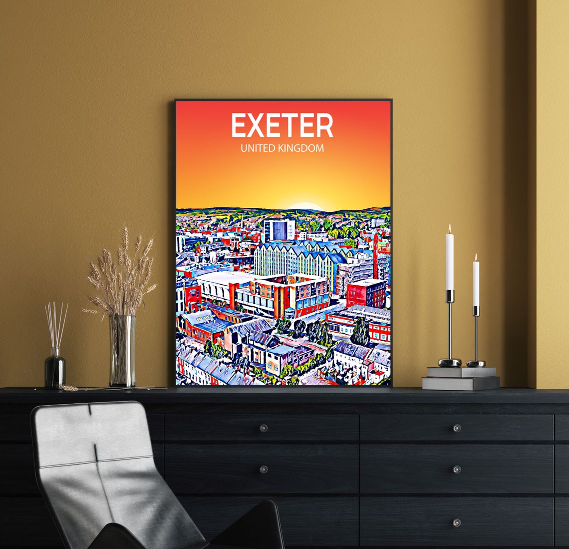 Exeter United Kingdom Sunset Rooftops City Panorama Travel Poster - Image 3