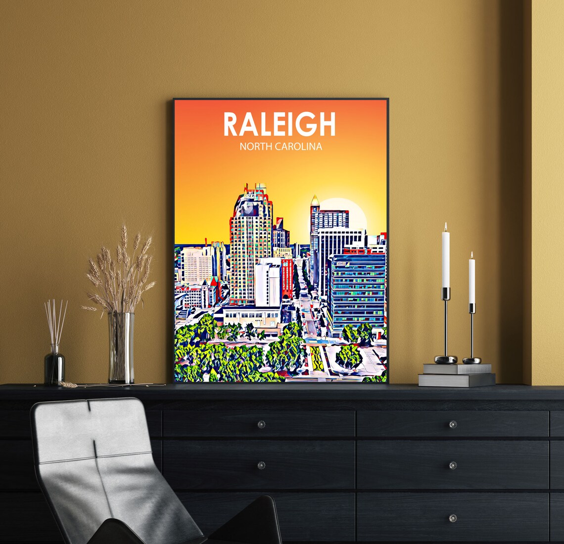 Raleigh North Carolina Sunset Downtown Golden Skyline Art Poster - Image 2