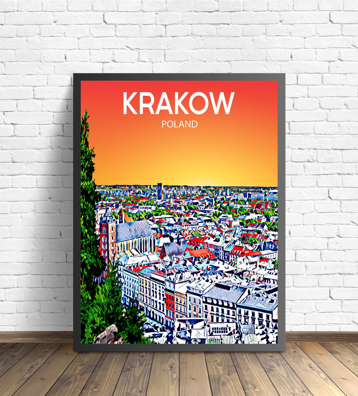 Krakow Poland Sunset Old Town Aerial Colorful Sketch Art Poster