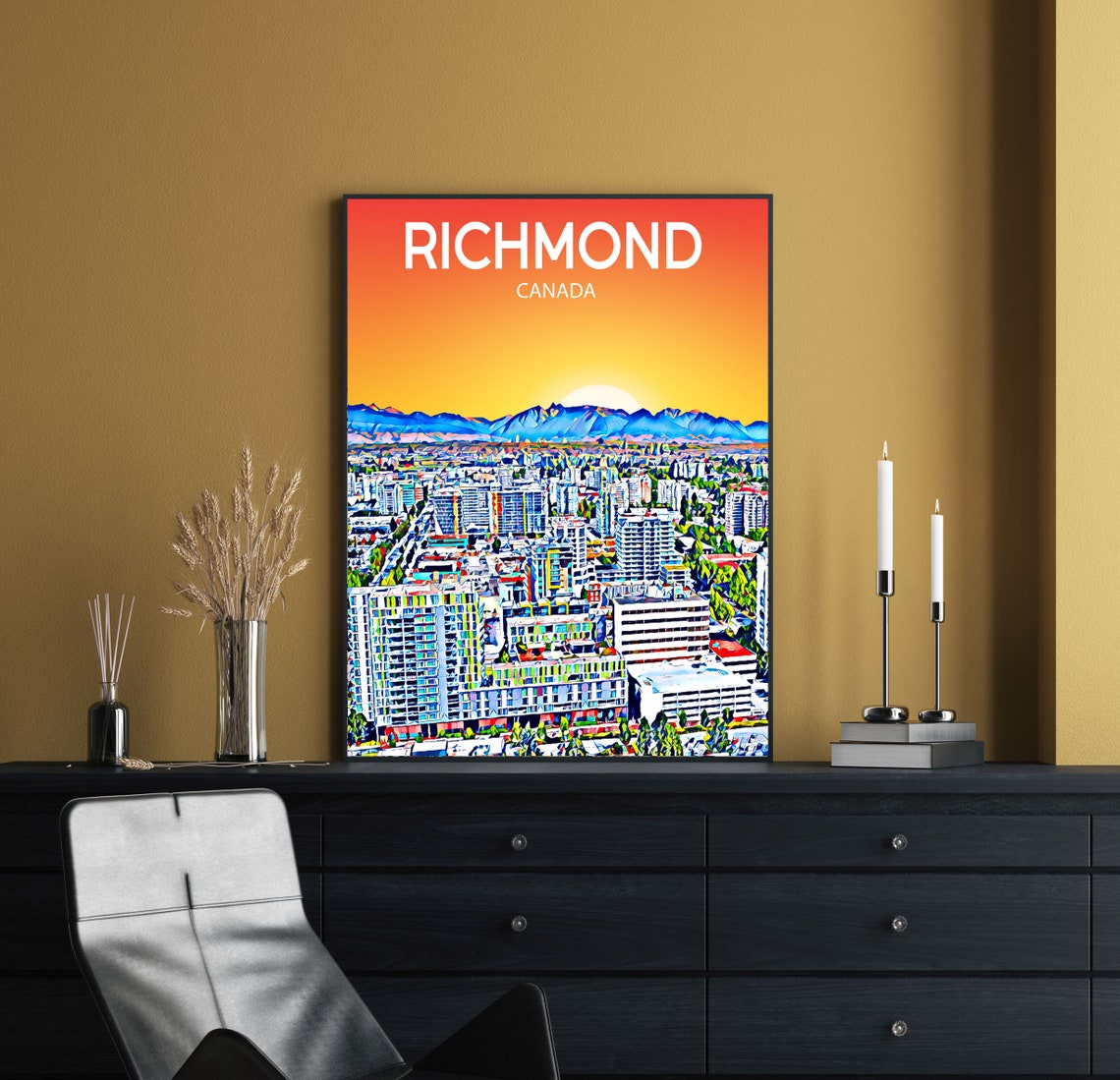Richmond Canada Sunset Skyline Snowy Mountain Backdrop Art Poster - Image 2