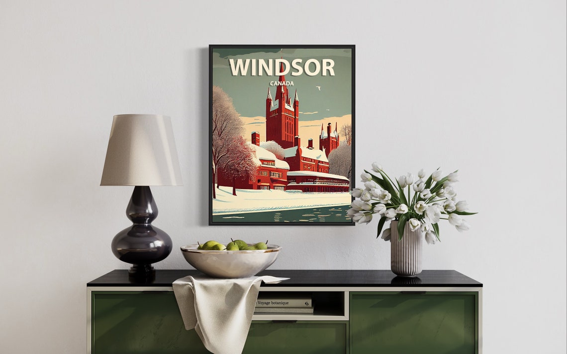 Windsor Canada Snowy Winter Church Scene Retro Travel Poster - Image 2