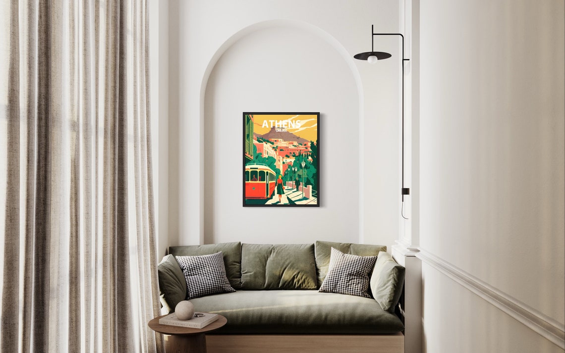 Athens Greece Tram Vintage Minimal Street Scene Travel Poster Art - Image 2