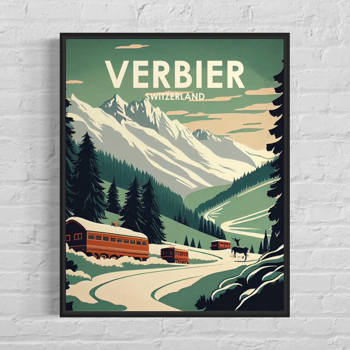 Verbier Switzerland Snowy Peaks Vintage Train Retro Alpine Ski Poster