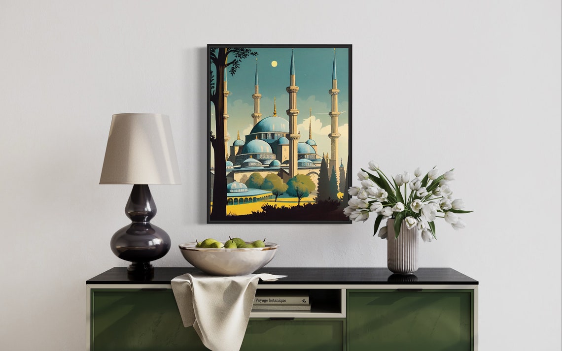 Istanbul Blue Mosque at Night Retro Ottoman Minarets Travel Poster - Image 2