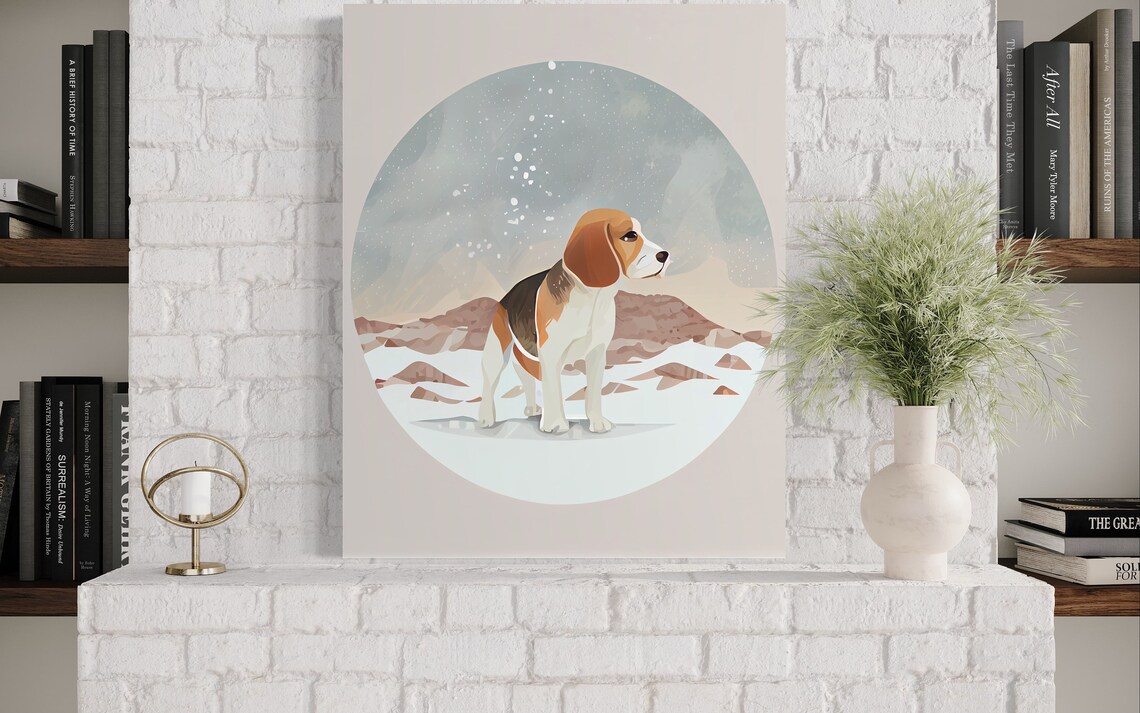 Tricolor Beagle Standing in a Snowy Mountain Scene Art Poster - Image 3
