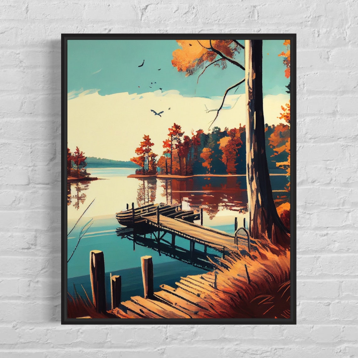 Kerr Lake Autumn Wooden Dock Boathouse Retro Lakeside Poster