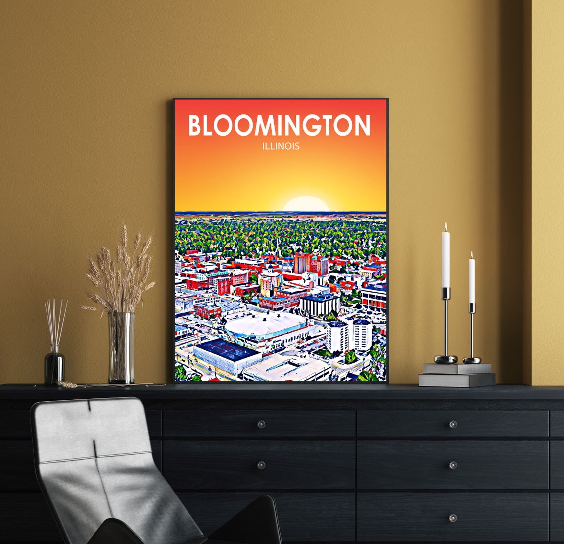 Bloomington Illinois Sunset Aerial Skyline Cityscape Travel Poster - Image 2