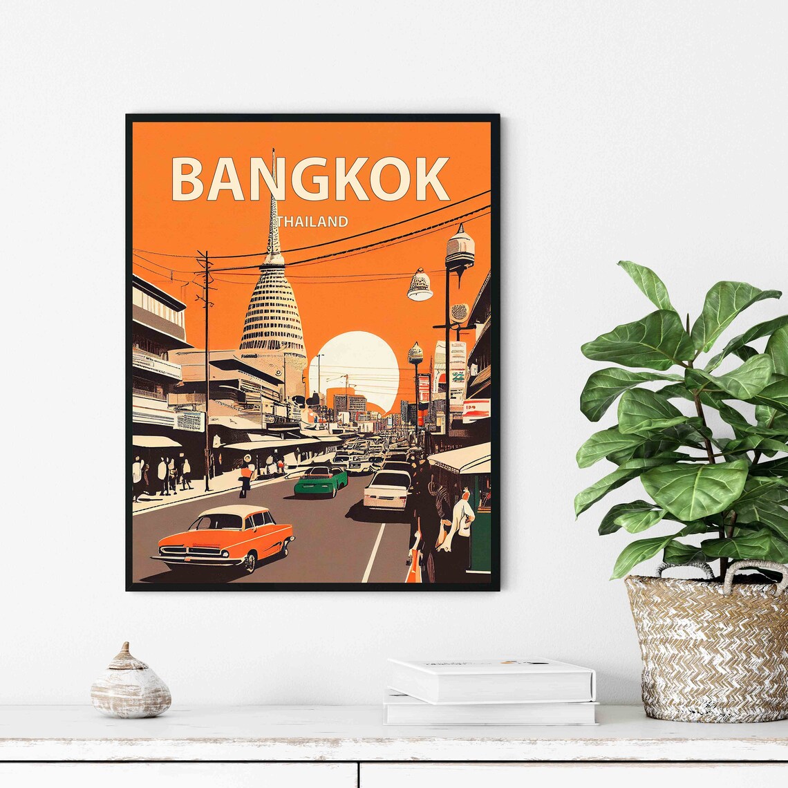 Bangkok Thailand Retro Sunset Street Vintage Cars Travel Poster - Image 2