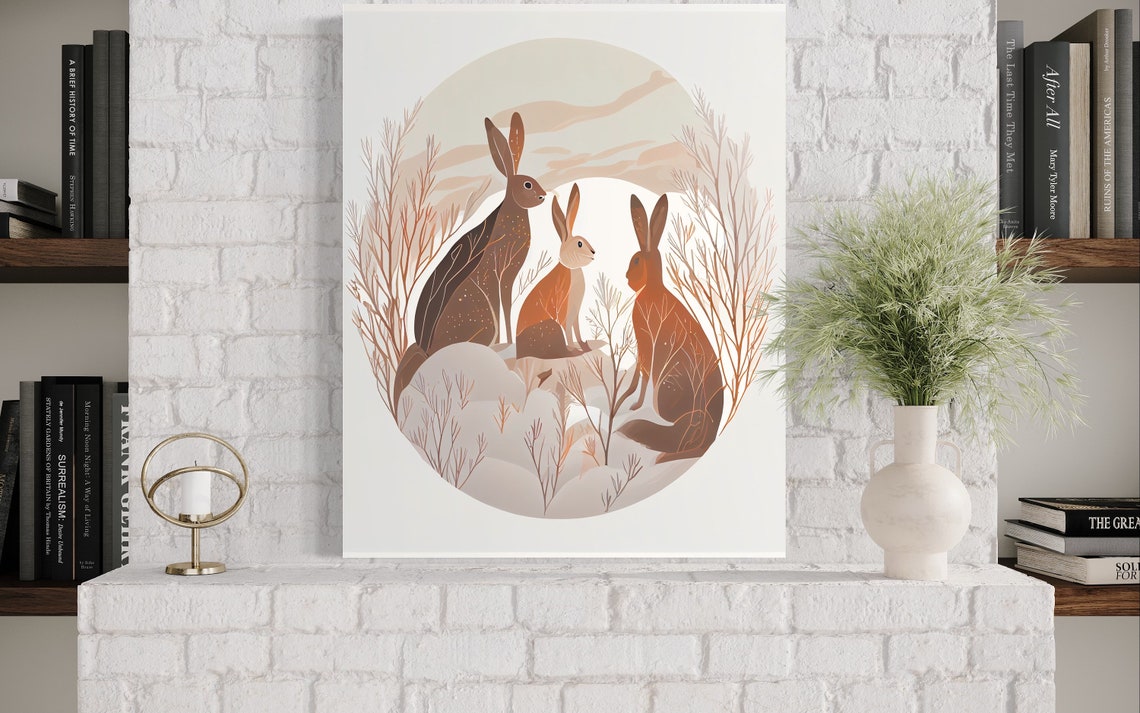Three Hares Gathered in Autumn Forest Minimal Circle Art Poster - Image 3