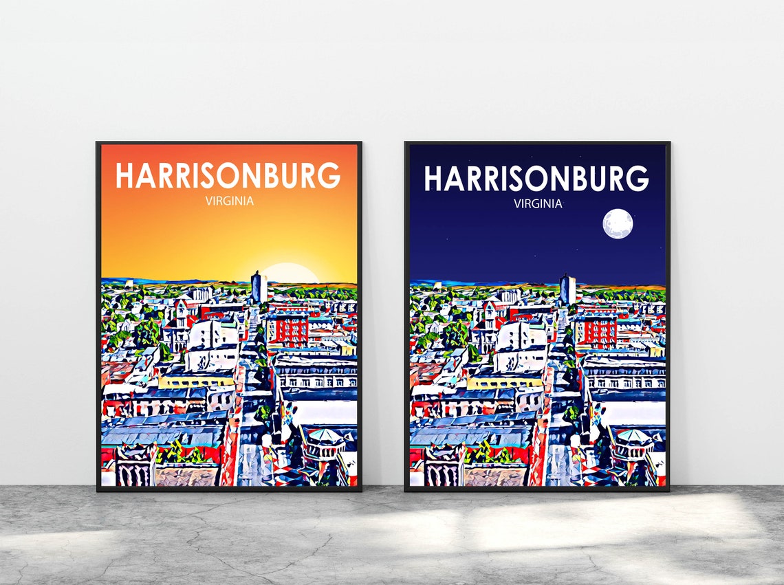 Harrisonburg Virginia Day and Night Skyline Matching Poster Duo