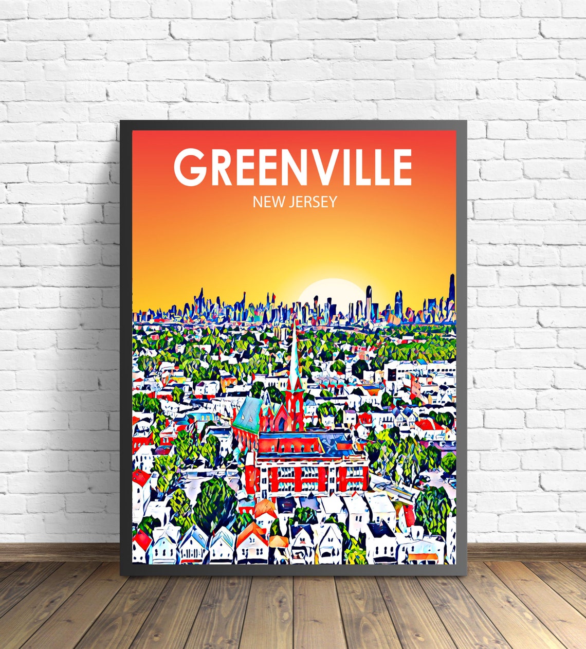 Greenville Nj Art Poster New Jersey Sunset Landscape Poster Print Greenville Framed Wall Art United States Colorful Skyline Sketch Photo